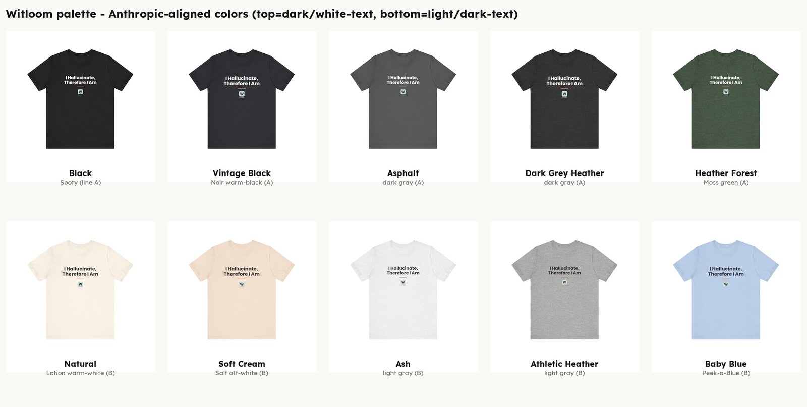 Witloom color palette — Anthropic-aligned warm tones across ten garment colors